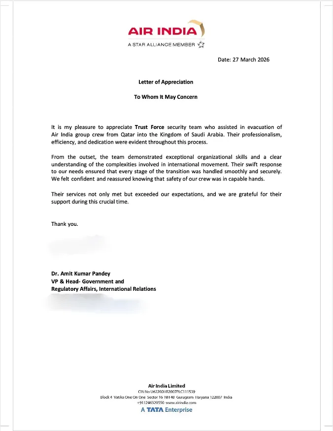 Air India's official Letter of Appreciation, dated 27 March 2026, recognising TrustForce Security for the professional evacuation of Air India crew from Qatar to the Kingdom of Saudi Arabia — signed by Dr. Amit Kumar Pandey, VP & Head of Government and Regulatory Affairs, International Relations.