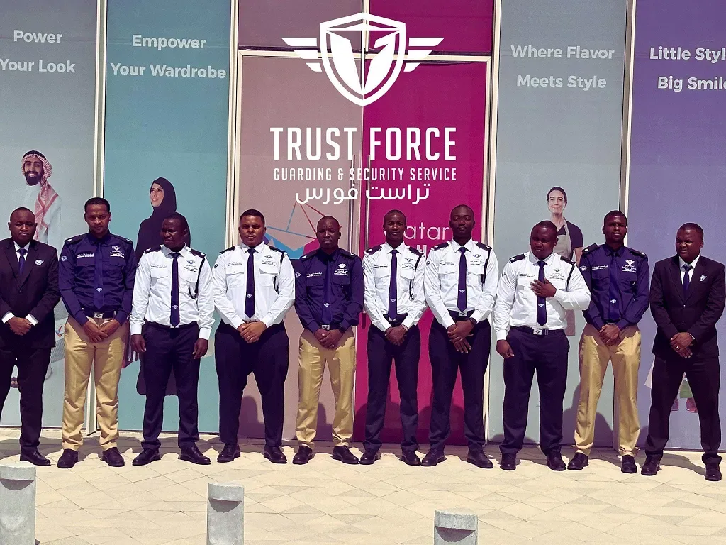 TrustForce security guards on deployment at Qatar Outlet Village — providing professional commercial security, access control, and visible deterrence for one of Qatar's leading retail destinations.
