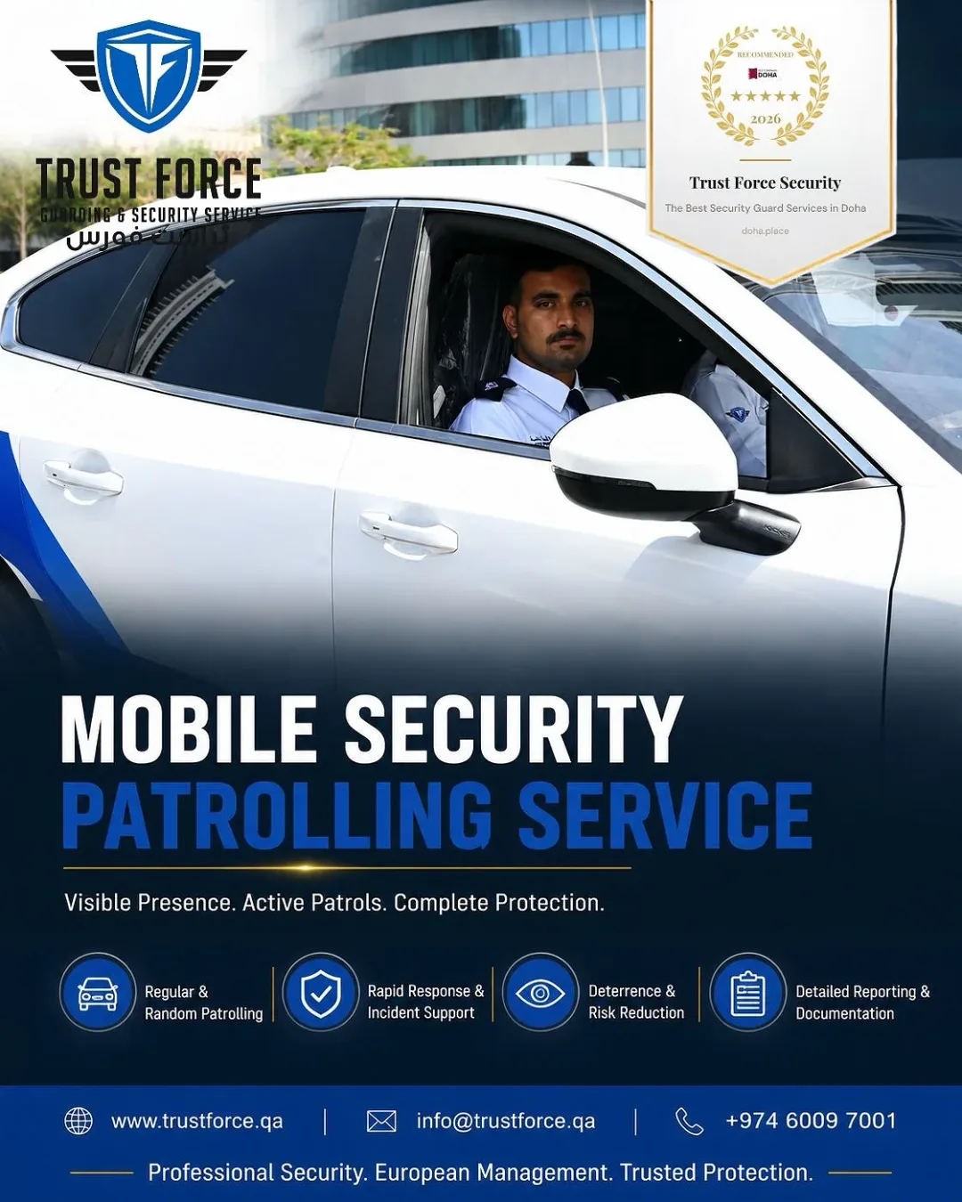 TrustForce mobile security patrolling service — visible presence, active patrols, and complete protection for residential, commercial, and construction sites across Doha and Qatar.