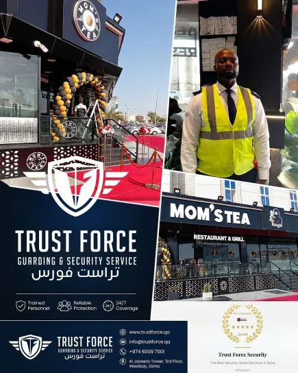 TrustForce provided professional restaurant opening security for Mom's Tea in Doha — entrance control, queue management, and visible security presence to support a safe, organised, and welcoming opening day.