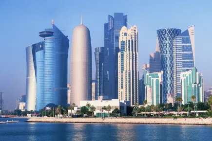 Skyline view of Doha's West Bay business district in Qatar, home to TrustForce Security's headquarters and the corporate, government, and high-rise developments the company protects.