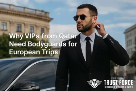Professional bodyguard from Trust Force on duty in Europe—protecting Qatari VIPs with elite security strategies wherever they travel.