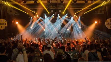 Large crowd with raised hands at a live event under stage lighting, representing the kind of high-attendance gatherings where TrustForce Security provides crowd control and event safety expertise.