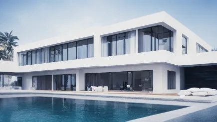 Modern luxury villa with swimming pool in a warm climate setting, representing the type of high-value residential property where TrustForce Security provides bespoke estate protection and residential security services in Qatar.
