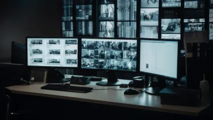 Multi-screen CCTV surveillance workstation in a darkened security control room monitoring multiple camera feeds, representing TrustForce Security's advanced technical security solutions and alarm monitoring services in Qatar.