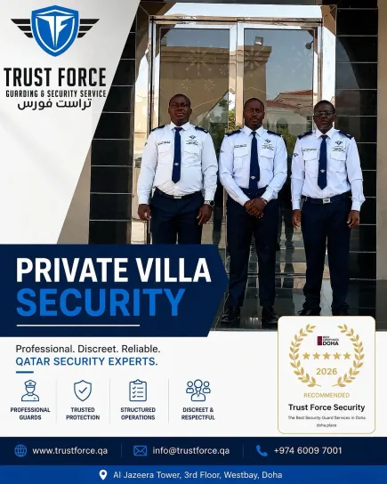 TrustForce private villa security — professional, discreet, and reliable security guards deployed at a private villa in Qatar, providing trusted protection, structured operations, and respectful service for family homes and VIP residences across Doha.