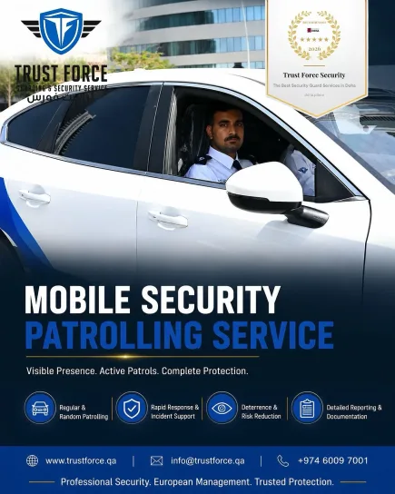 TrustForce mobile security patrolling service — visible presence, active patrols, and complete protection for residential, commercial, and construction sites across Doha and Qatar.