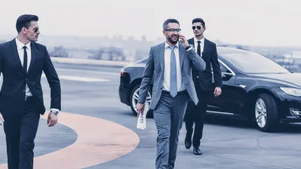 A business executive on a phone call walking alongside two close protection officers in suits beside a luxury vehicle on a helipad, illustrating TrustForce Security's VIP travel security and executive protection services in Qatar.