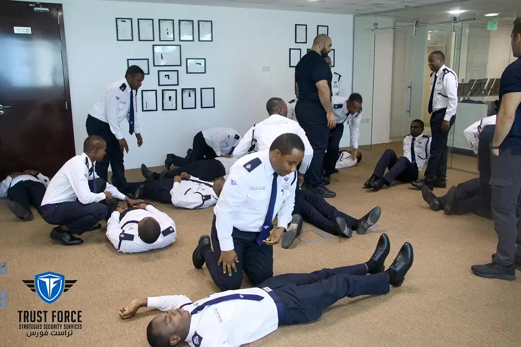TrustForce Security guards in Doha receiving professional first aid and emergency response training as part of advanced European-led security programs.