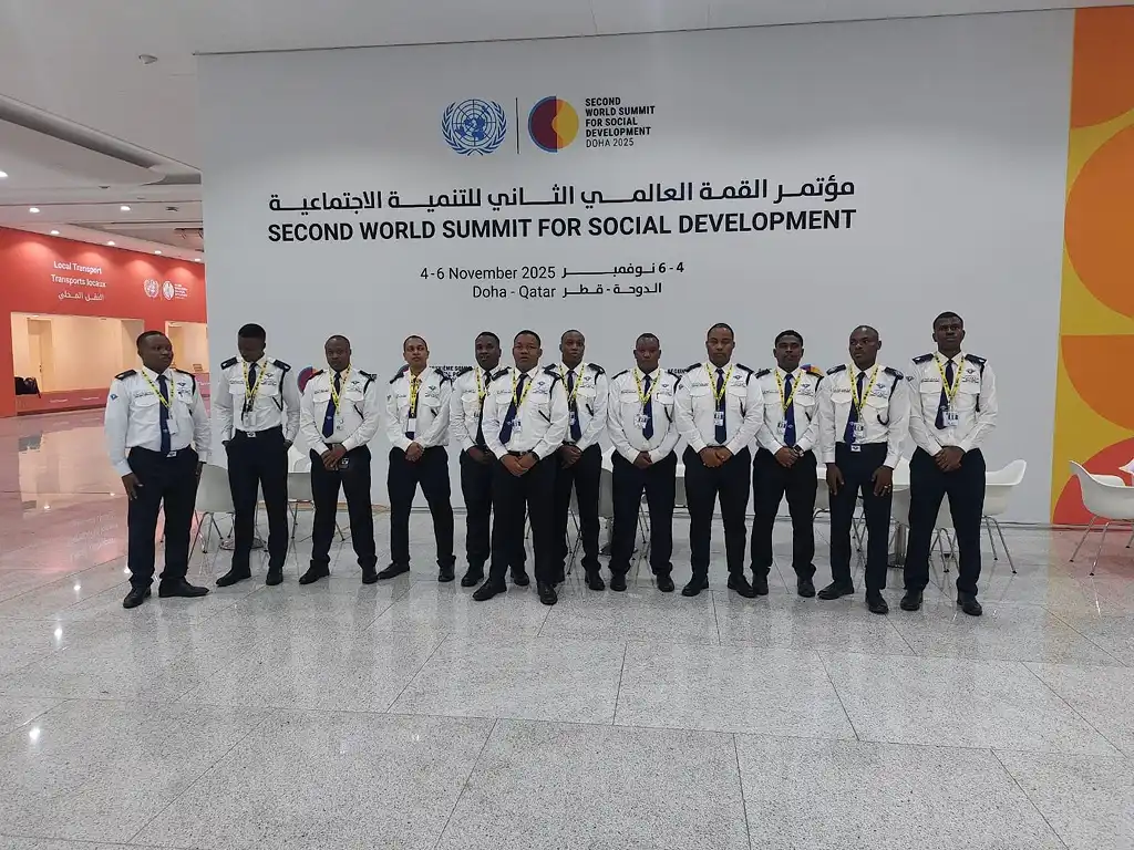 Group of MOI-certified Trust Force Security guards providing event protection at the Second World Summit for Social Development 2025, held at the Qatar National Convention Centre (QNCC) in Doha.