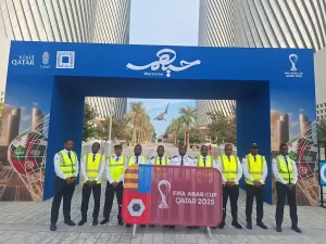 MOI-licensed TrustForce security guards providing event security at Lusail Boulevard during the FIFA Arab Cup Qatar 2025