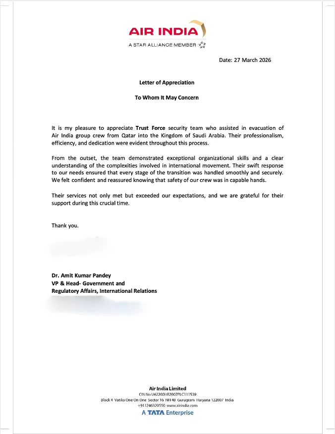 Official Air India Letter of Appreciation to TrustForce Security for crew evacuation from Qatar to Saudi Arabia, dated 27 March