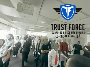 Large group of candidates attending TrustForce Security walk-in interview day for security jobs in Doha, Qatar