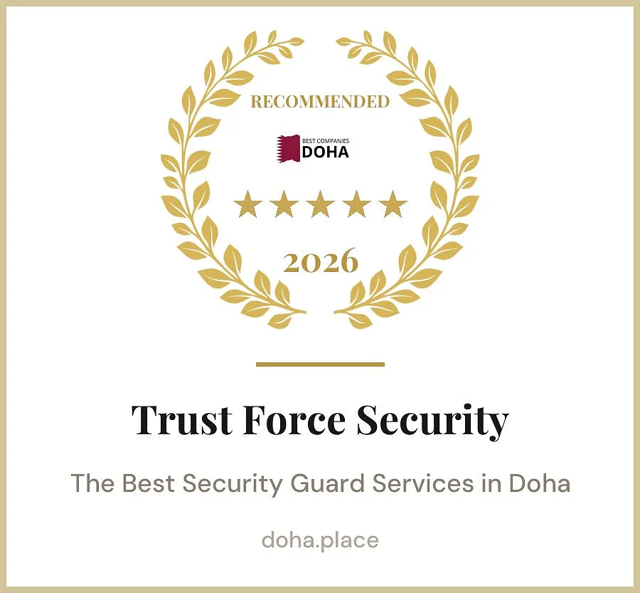 TrustForce Security recommended badge from Doha.Place — Best Security Guard Services in Doha 2026, five-star rating
