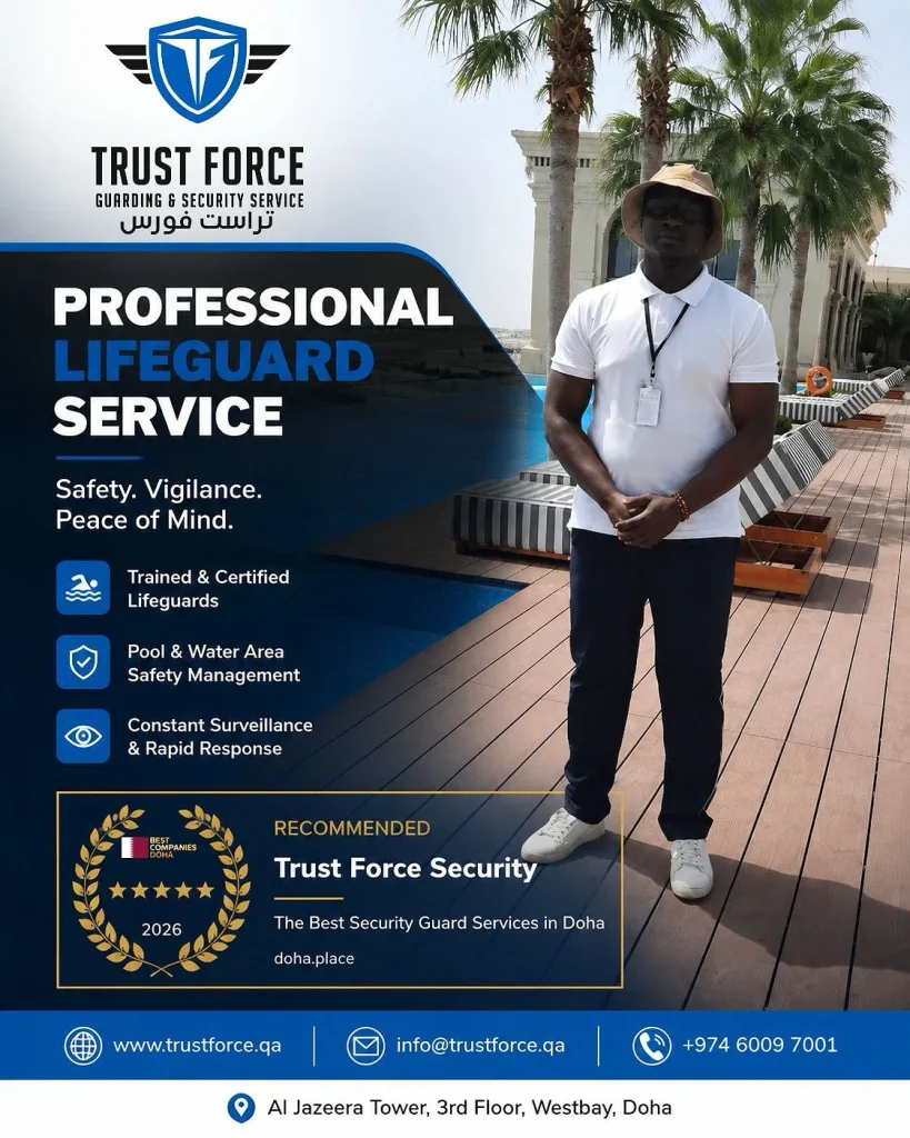 TrustForce certified lifeguard on duty at a hotel pool in Doha, Qatar, providing professional pool safety monitoring and surveillance