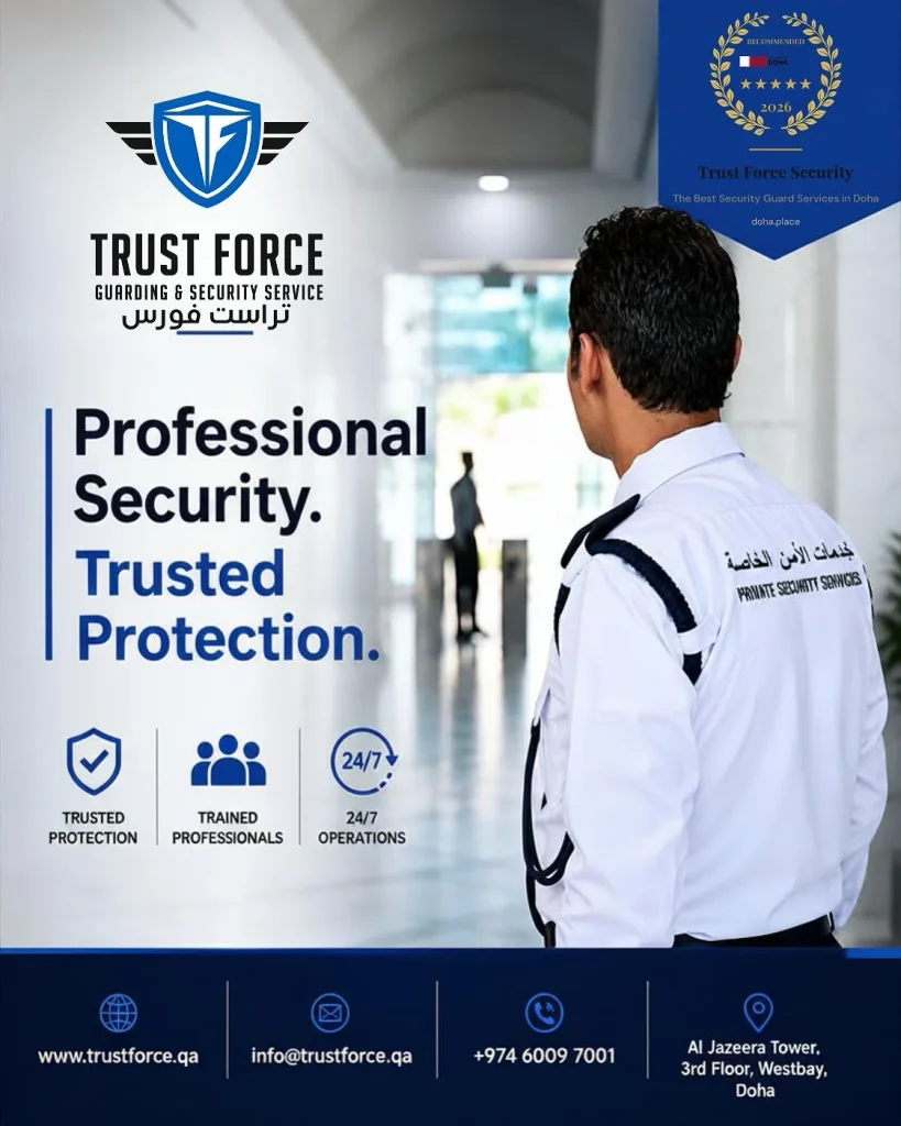 TrustForce security guard on duty at a commercial building in Doha, Qatar — professional security services with trained personnel and 24/7 operations