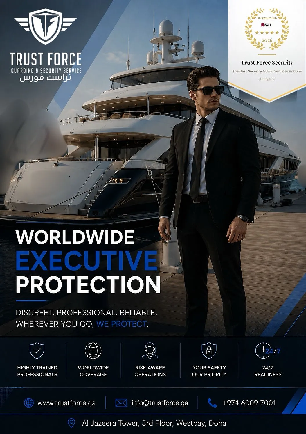 TrustForce executive protection officer in a suit standing on a superyacht marina, representing worldwide VIP security and close protection services from Qatar