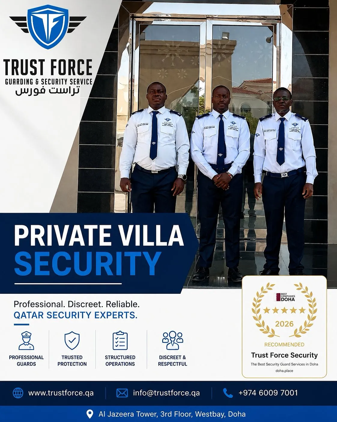 Three TrustForce private villa security guards in uniform standing at a villa entrance in Qatar