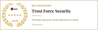 TrustForce Security recommended badge from Doha.Place — Best Security Guard Services in Doha 2026, five-star rating